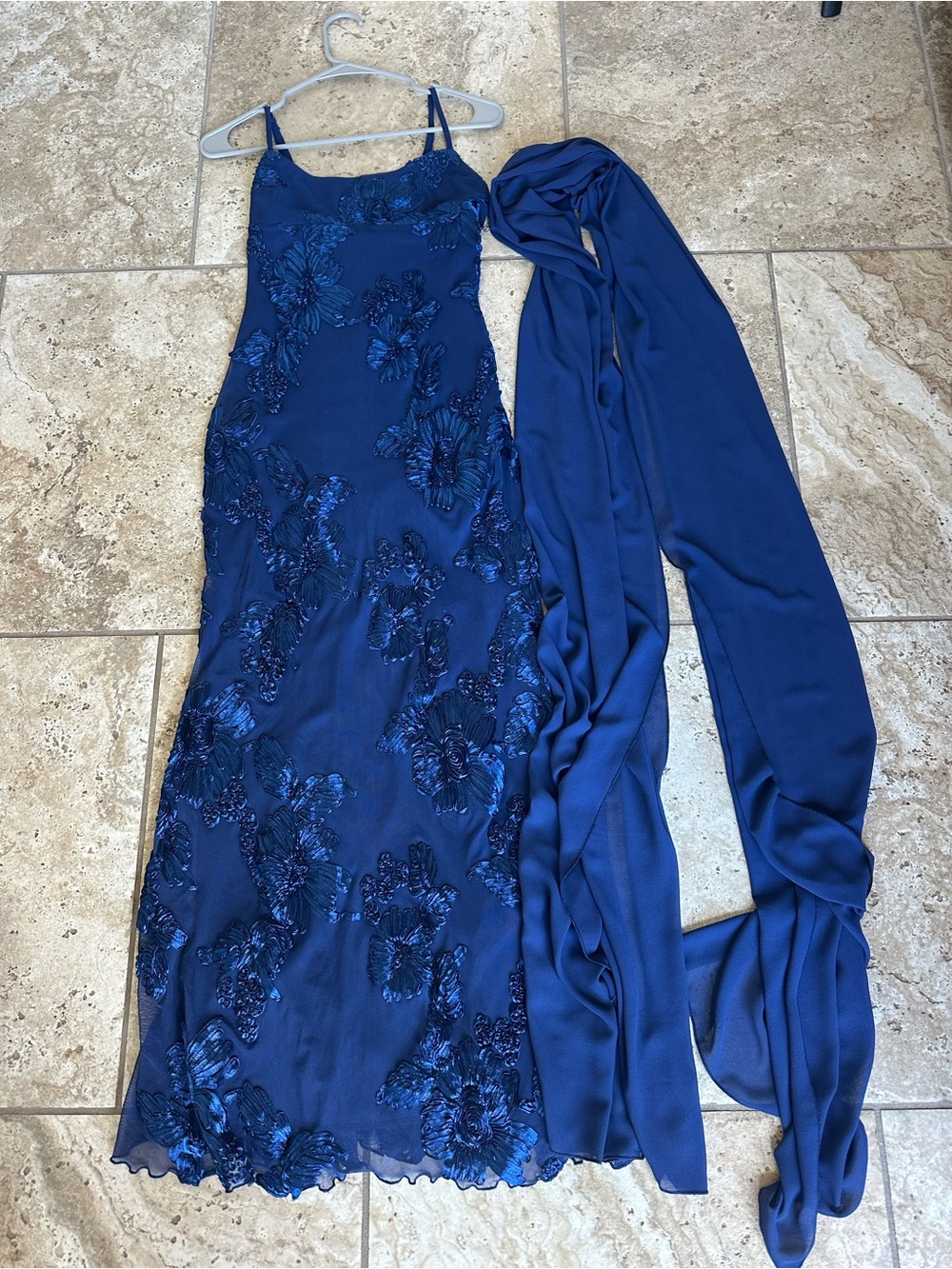 Elegant Navy Blue Floral like Evening Dress with Matching Shawl
